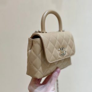 CC 24K Coco Hanle Nano 18cm Beige Grained Calfskin Gold Hardware