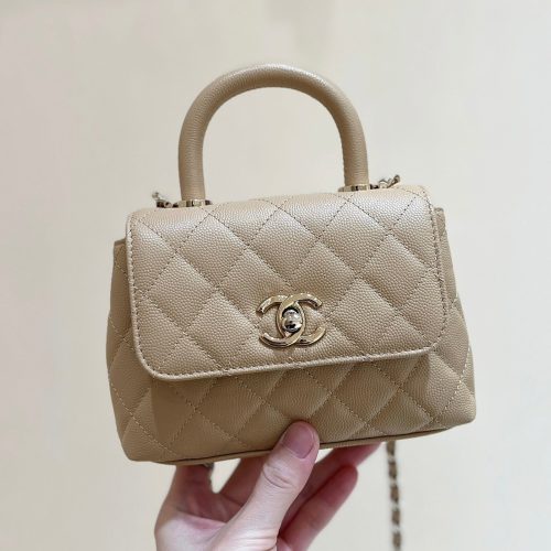 CC 24K Coco Hanle Nano 18cm Beige Grained Calfskin Gold Hardware
