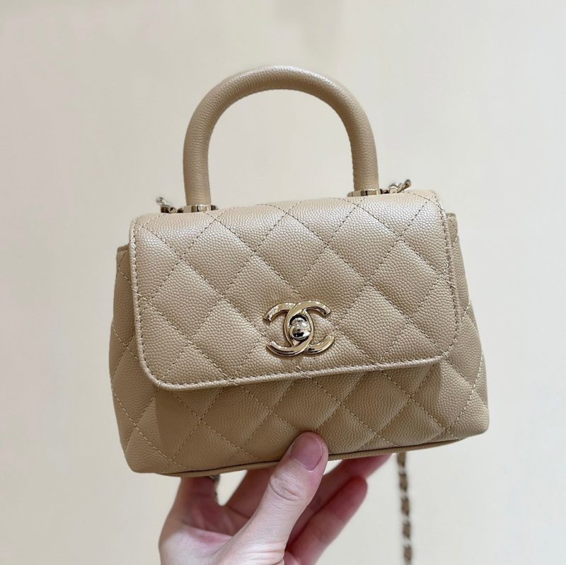 CC 24K Coco Hanle Nano 18cm Beige Grained Calfskin Gold Hardware