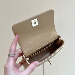 CC 24K Coco Hanle Nano 18cm Beige Grained Calfskin Gold Hardware