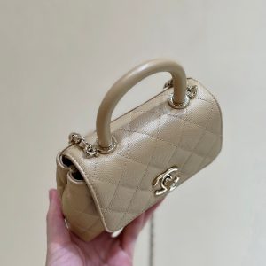 CC 24K Coco Hanle Nano 18cm Beige Grained Calfskin Gold Hardware