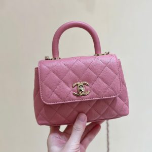 CC 24K Coco Hanle Nano 18cm Pink Grained Calfskin Gold Hardware