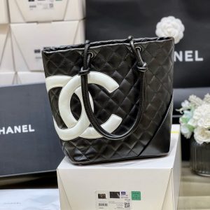 CC Cambon Tote 24cm Black White Quilted Calfsin