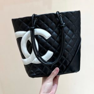 CC Cambon Tote 24cm Black White Quilted Calfsin