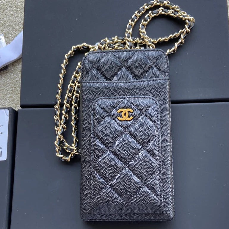 Chanel 2026 Phone Holder Crossbody Bag Black Caviar Leather