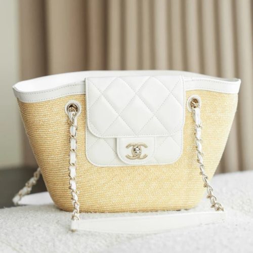 Chanel 2026 Shopping Bag 40cm Beige White Straw Lambskin