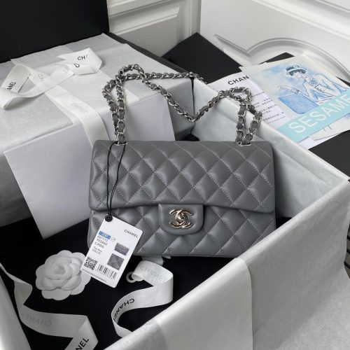 Medium Classic Flap Bag 23cm Grey Lambskin Silver Hardware