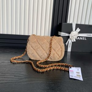 Chanel mini Flap Bag Shearling Lambskin Gold Tone Metal Beige Brown