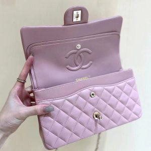 FLAP BAG 23CM PINK LAMBSKIN LIGHT GOLD HARDWARE