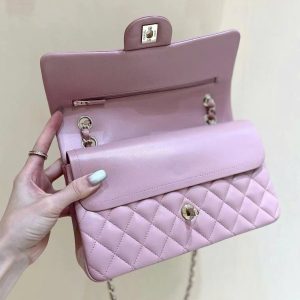 FLAP BAG 23CM PINK LAMBSKIN LIGHT GOLD HARDWARE