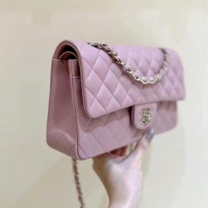 FLAP BAG 23CM PINK LAMBSKIN LIGHT GOLD HARDWARE