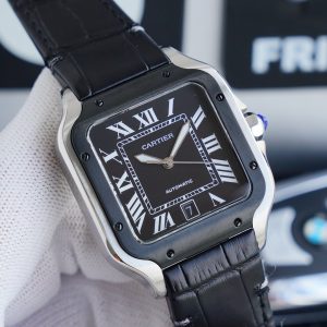 13271013211361839 SANTOS 40MM STAINLESS STEEL BLACK BEZEL LEATHER STRAP