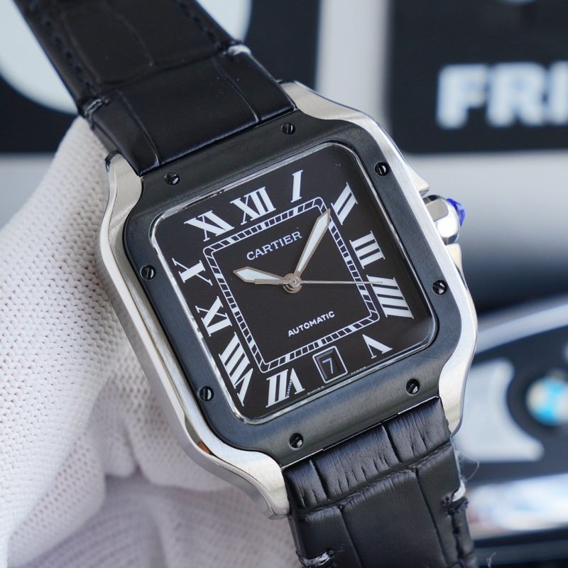 13271013211361839 SANTOS 40MM STAINLESS STEEL BLACK BEZEL LEATHER STRAP