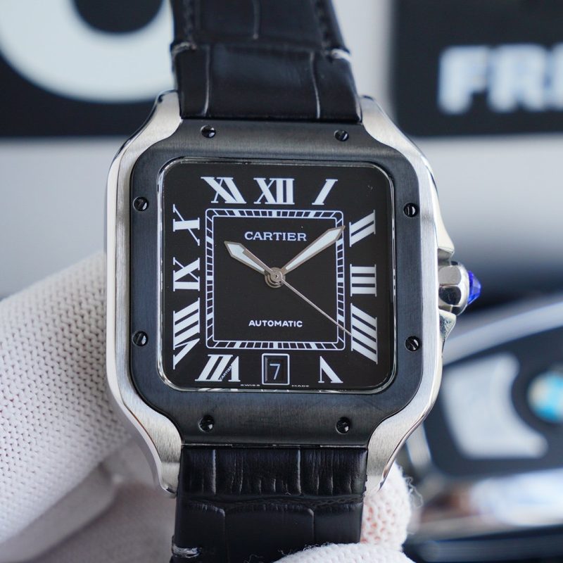 13271013244658775 SANTOS 40MM STAINLESS STEEL BLACK BEZEL LEATHER STRAP