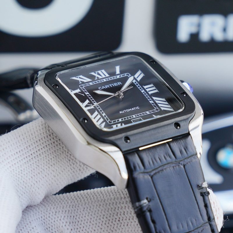 13271013246576426 SANTOS 40MM STAINLESS STEEL BLACK BEZEL LEATHER STRAP