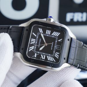 13271013248758339 SANTOS 40MM STAINLESS STEEL BLACK BEZEL LEATHER STRAP