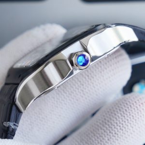 13271013249658358 SANTOS 40MM STAINLESS STEEL BLACK BEZEL LEATHER STRAP