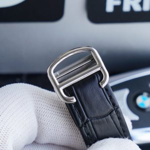 13271013250758247 SANTOS 40MM STAINLESS STEEL BLACK BEZEL LEATHER STRAP