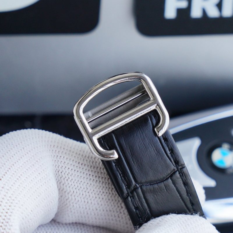 13271013250758247 SANTOS 40MM STAINLESS STEEL BLACK BEZEL LEATHER STRAP