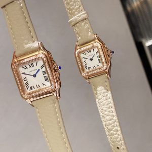 13272833950581500_88960eb4-f1e6-44ef-abb1-8ac5228d2180 PANTHERE DE CARTIE DIAMOND BEZEL ROSE GOLD BEIGE LEATHER
