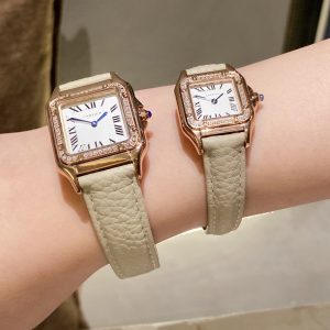 13272833957175614_b570da60-36e4-4518-8652-6cd47d0c279e PANTHERE DE CARTIE DIAMOND BEZEL ROSE GOLD BEIGE LEATHER