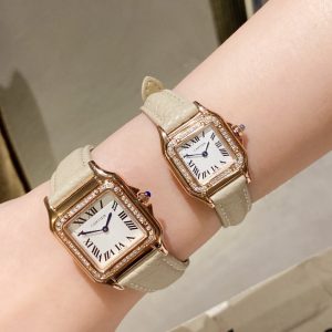 13272833959393476 PANTHERE DE CARTIE DIAMOND BEZEL ROSE GOLD BEIGE LEATHER
