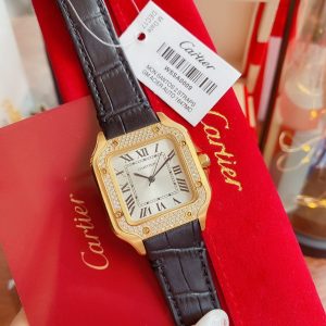 SANTOS LADY 35MM QUARTZ 35MM GOLD CASE DIAMOND BEZEL LEATHER