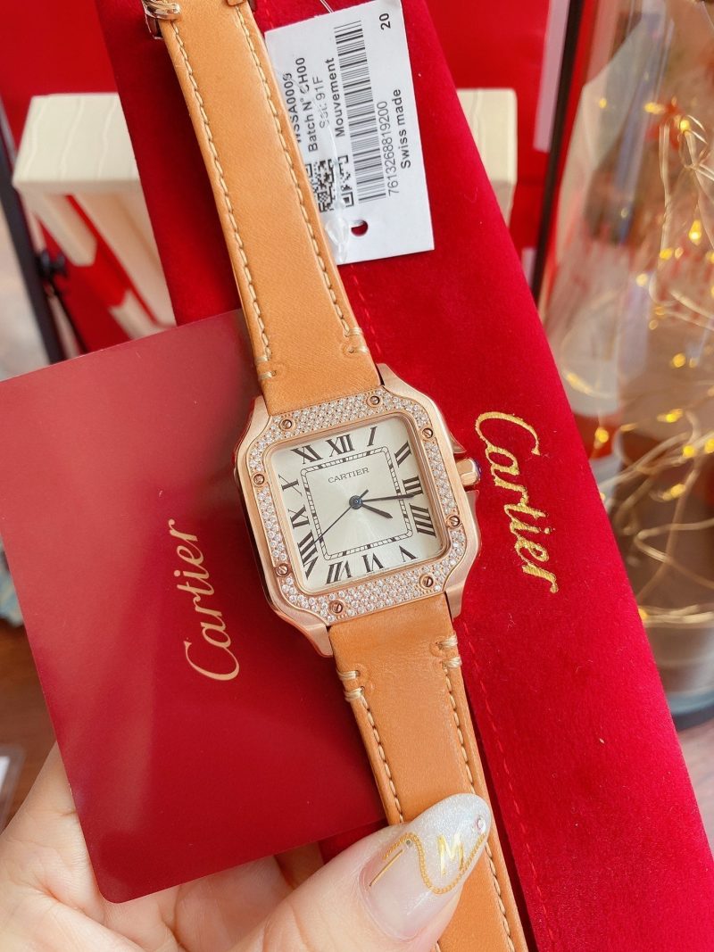 SANTOS LADY 35MM QUARTZ ROSE GOLD CASE DIAMOND BEZEL LEATHER