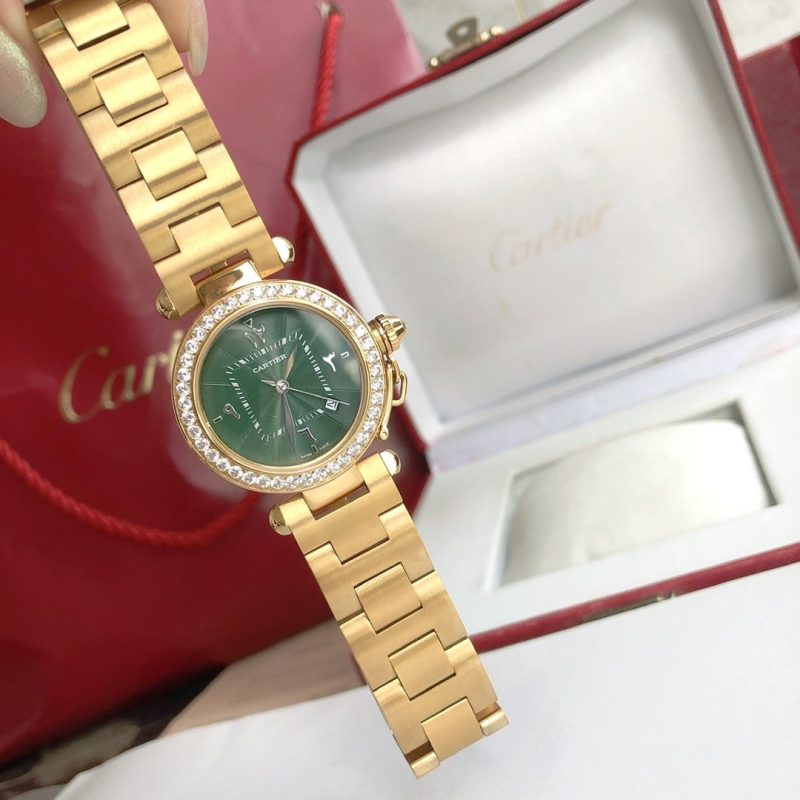 13276885738829089 CARTIE PASHA 35MM QUARTZ GOLD CASE DIAMOND BEZEL BLUE DIAL