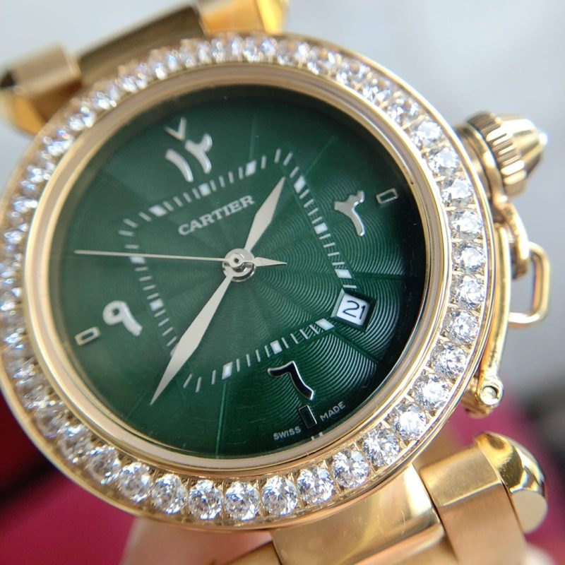 13276885741630078 CARTIE PASHA 35MM QUARTZ GOLD CASE DIAMOND BEZEL BLUE DIAL