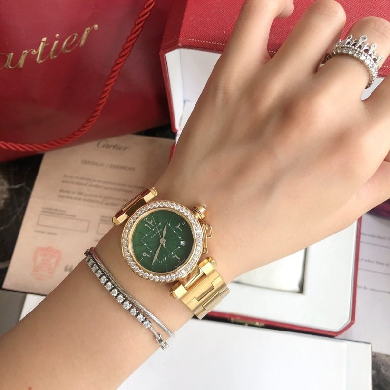 13276885743428985 CARTIE PASHA 35MM QUARTZ GOLD CASE DIAMOND BEZEL BLUE DIAL