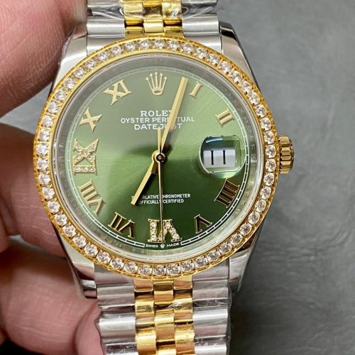 DATEJUST 36MM GOLD STEEL DIAMOND BEZEL GREEN DIAL