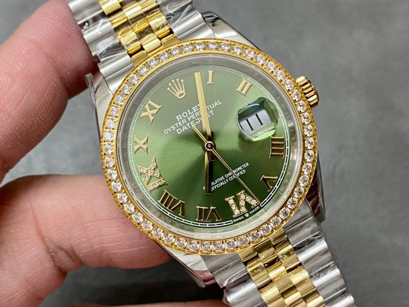 DATEJUST 36MM GOLD STEEL DIAMOND BEZEL GREEN DIAL