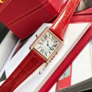 TANK SOLO PINK GOLD DIAMOND BEZEL RED CROCODILE LEATHER