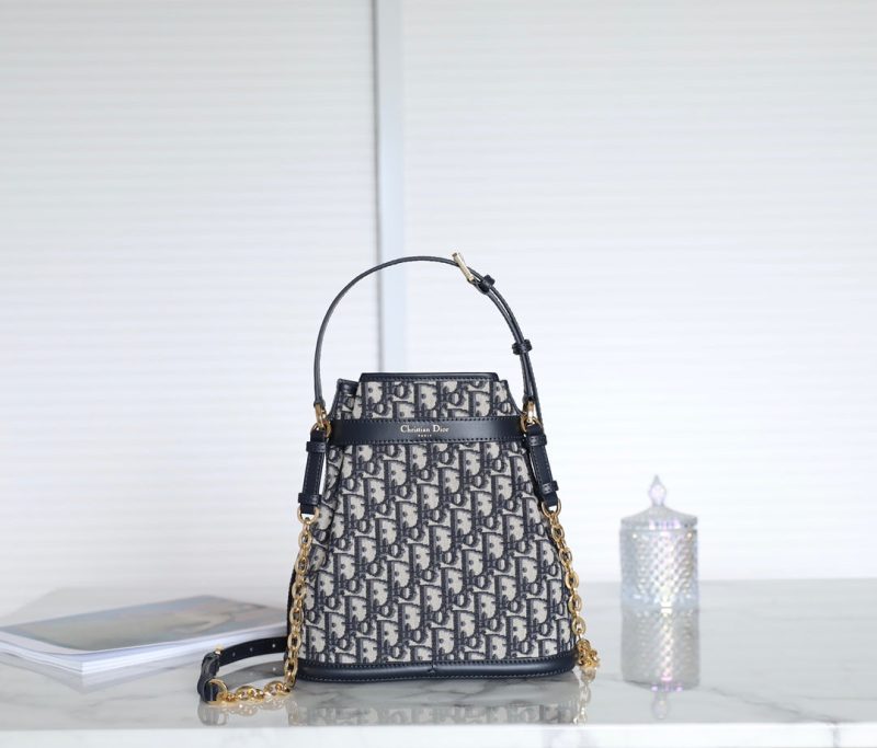 MONTAIGNE MEDIUM 24 BUCKET BAG IN BLUE OBLIQUE JACQUARD CALFSKIN