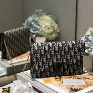 CD Saddle Pouch With Chain Blue Obique Embroidery