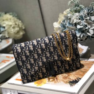 CD Saddle Pouch With Chain Blue Obique Embroidery