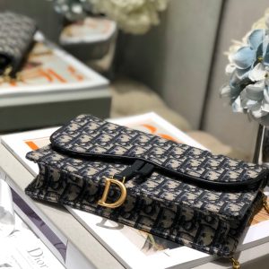 CD Saddle Pouch With Chain Blue Obique Embroidery