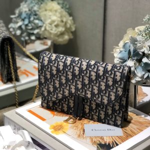 CD Saddle Pouch With Chain Blue Obique Embroidery