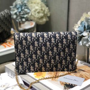 CD Saddle Pouch With Chain Blue Obique Embroidery