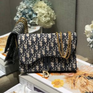 CD Saddle Pouch With Chain Blue Obique Embroidery