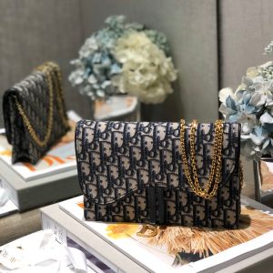 CD Saddle Pouch With Chain Blue Obique Embroidery