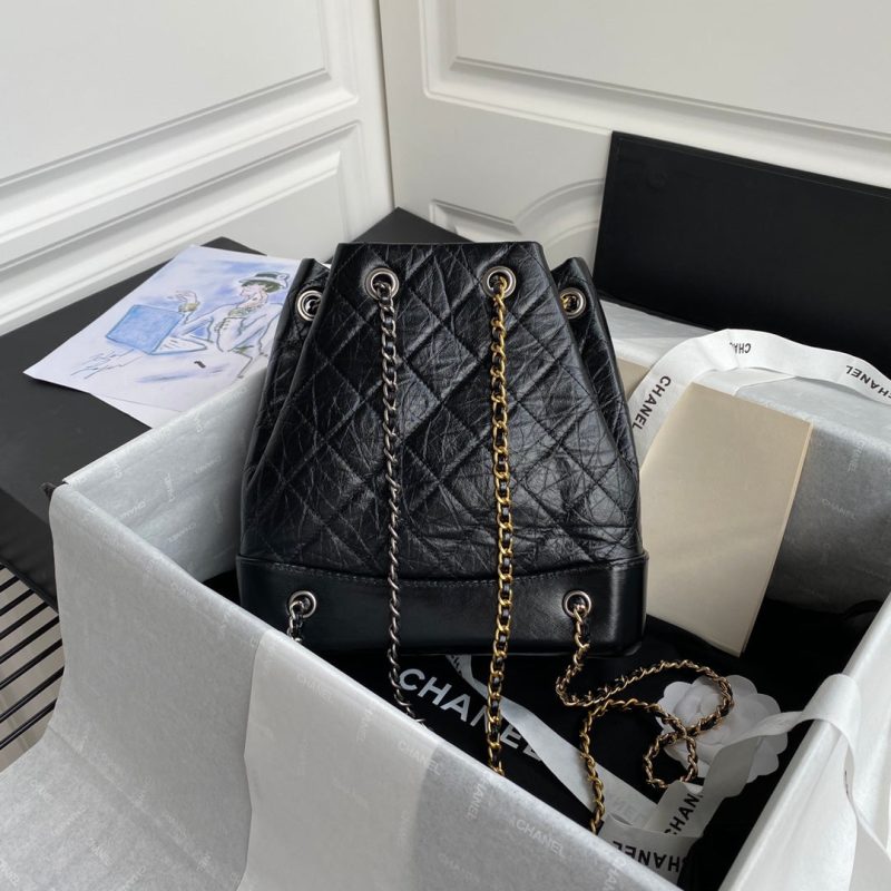 Chanel 2025 Aged Quilted Gabrielle Backpack 24cm Black Calfskin 534712