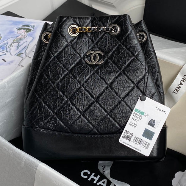Chanel 2025 Aged Quilted Gabrielle Backpack 24cm Black Calfskin 534712