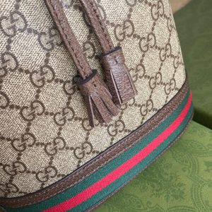 OPHIDIA MEDIUM BUCKET BAG 26 WITH WEB IN BEIGE EBONY CANVAS MIX BROWN CALFSKIN