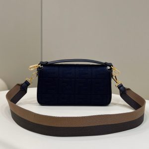 BAGUETTE WITH FF MOTIF 27 IN NAVY BLUE JACQUARD FABRIC GOLD HARDWARE
