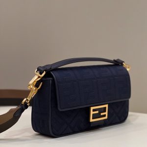 BAGUETTE WITH FF MOTIF 27 IN NAVY BLUE JACQUARD FABRIC GOLD HARDWARE