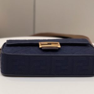 BAGUETTE WITH FF MOTIF 27 IN NAVY BLUE JACQUARD FABRIC GOLD HARDWARE