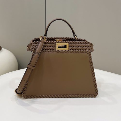 20220115_i1642230289_6155_0_jpg PEEKABOO ISEEU 27 IN BROWN SMOOTH CALFSKIN WITH WOVEN TRIM GOLD HARDWARE