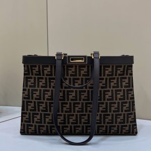 FendiI TOTE 41 BAG IN BROWN MIX BLACK MONOGRAM CANVAS GOLD HARDWARE
